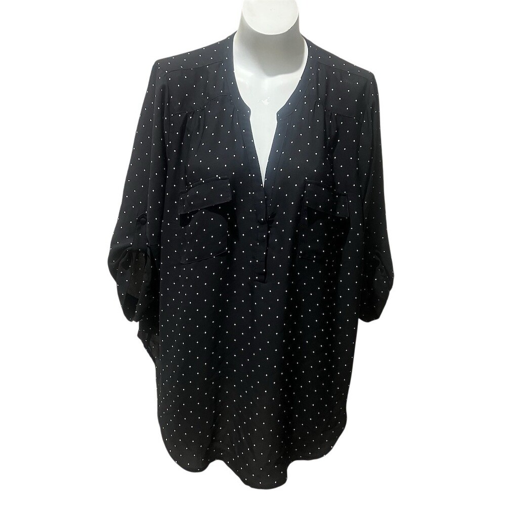 Torrid Tunic Blouse Womens Size 2X Black & White Polka Dot V-Neck Pockets